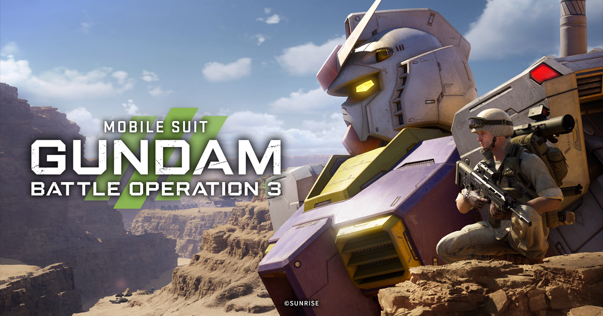 Arte oficial de Mobile Suit Gundam Battle Operation 3 mostra um mobile suit e um soldado em campo de batalha